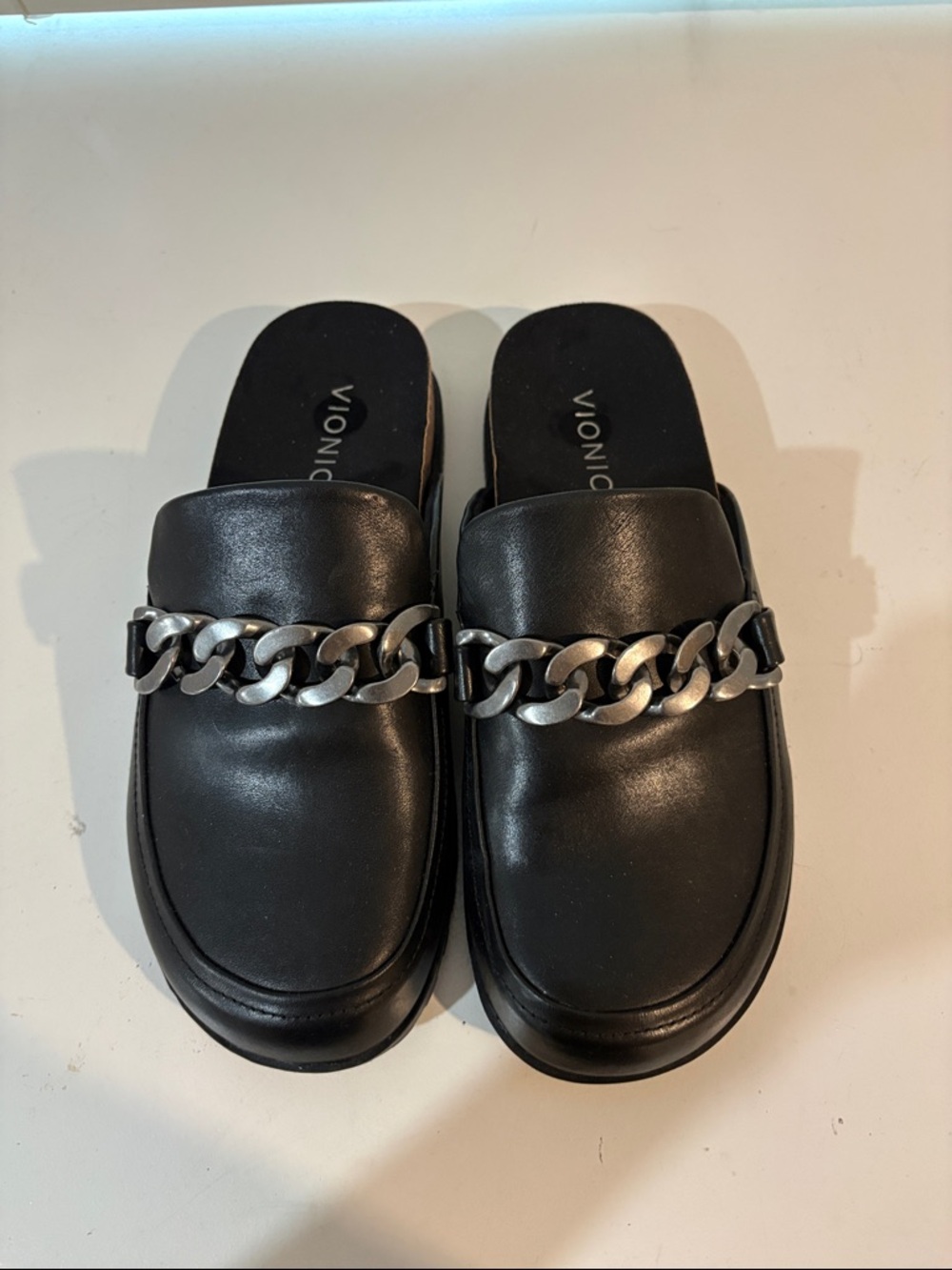 Vionic Black Slip-On Leather Mule with Chain Accent